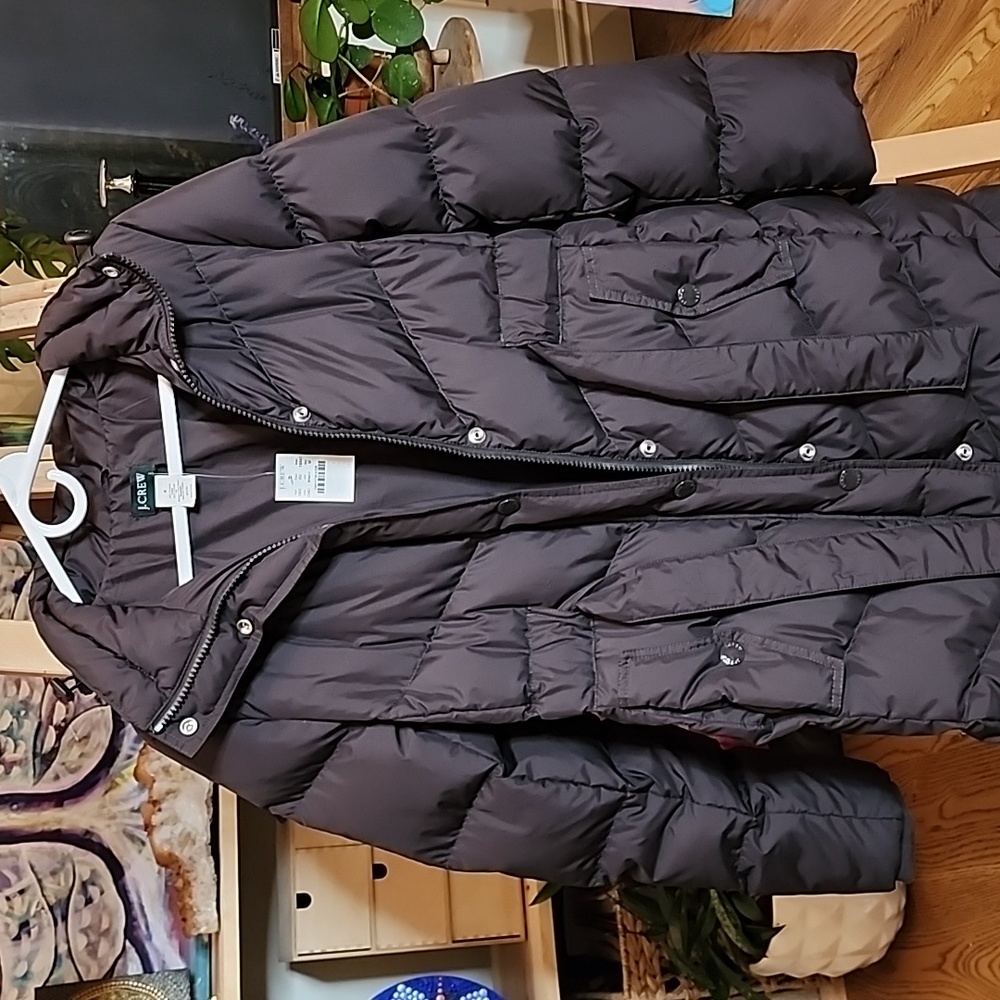 J Crew Down fill long length‎ puffer coat removable hood tie waist NWT